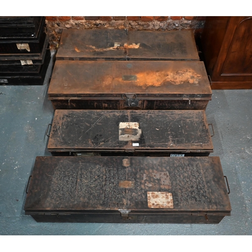 558 - Four of antique and later japanned military uniform trunks, variously labelled M Roberts Esq.; Lt. C... 