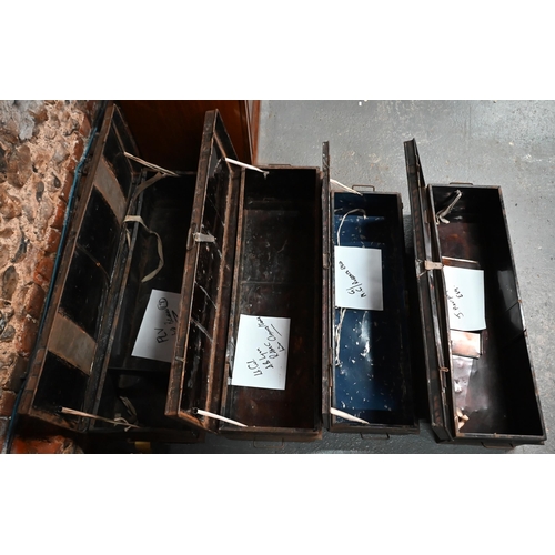 558 - Four of antique and later japanned military uniform trunks, variously labelled M Roberts Esq.; Lt. C... 