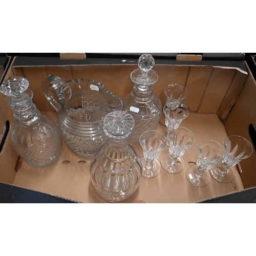 405 - A 19th century cut glass water jug to/w three decanters and an antique set of six port glasses