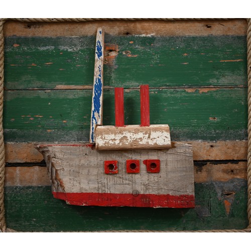 250A - A three dimensional painted driftwood boat, on board, 59 x 51 cm