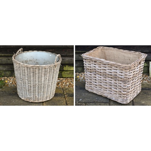 234 - A large contemporary wicker log basket, sacking lined and mounted to castors, 76 cm x 51 cm x 60 cm ... 