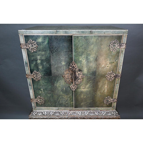 904 - A good Art Deco period ivory banded shagreen cocktail cabinet, with ornate engraved silver plated fi... 