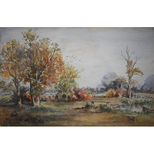 349 - #A Victorian pastoral view, watercolour, 17.5 x 27.5 cm to/w Nelson Payne oil on board abstract (2)