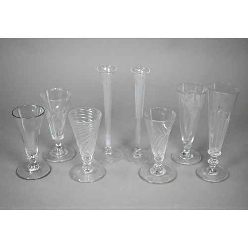 419 - #A pair of 19th century slender glass flute glasses with foliate etched decoration and ground-out po... 