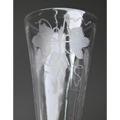 419 - #A pair of 19th century slender glass flute glasses with foliate etched decoration and ground-out po... 