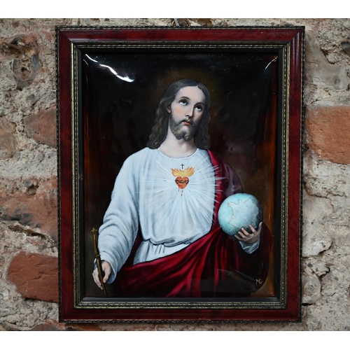 440 - An enamel plaque depicting Jesus Christ by Bouasse Jeune et Cie, Paris, 24 x 19 cm, framed and a com... 