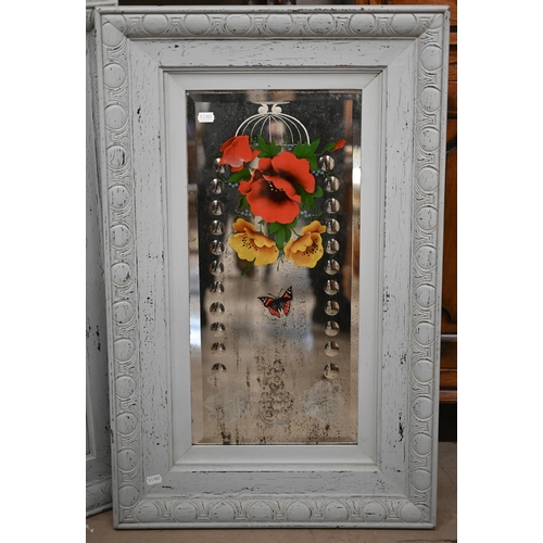 135 - WITHDRAWN A pair of antique bevelled mirrors, etched and painted with flowers and butterflies with d... 