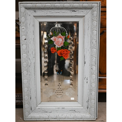 135 - WITHDRAWN A pair of antique bevelled mirrors, etched and painted with flowers and butterflies with d... 