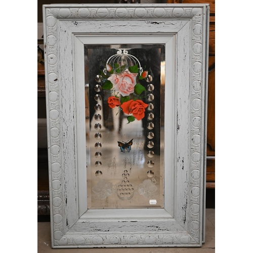 135 - WITHDRAWN A pair of antique bevelled mirrors, etched and painted with flowers and butterflies with d... 