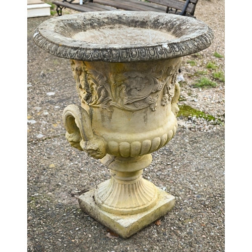 110 - A large pair of weathered cast stone campagna urns, 80 cm h, one with detached handle, present... 