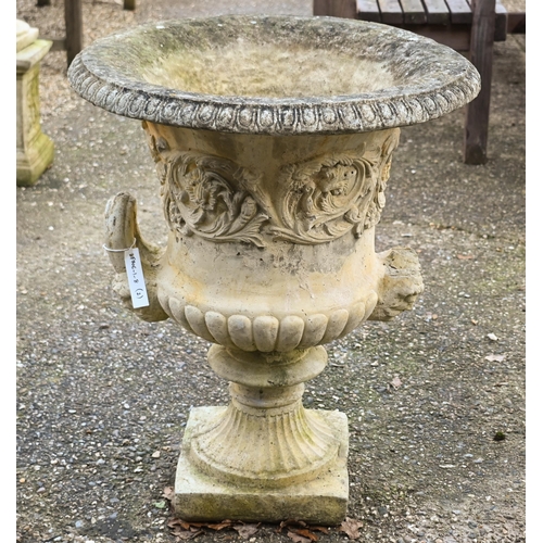 110 - A large pair of weathered cast stone campagna urns, 80 cm h, one with detached handle, present... 