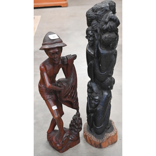 465 - #An African ebony figural carving 62 cm to/w a Southern African figure of a fisherman and two rustic... 