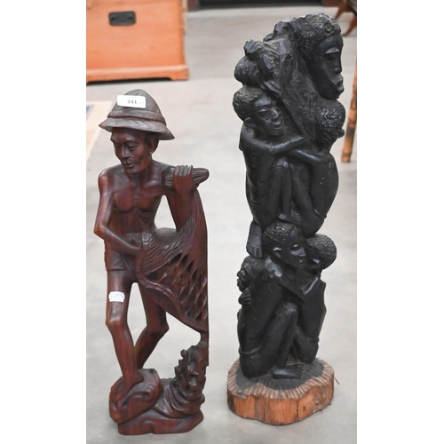 465 - #An African ebony figural carving 62 cm to/w a Southern African figure of a fisherman and two rustic... 