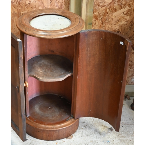 101 - A Victorian mahogany cylinder pot cupboard, with inset veined white marble top, 39 cm dia. c 73 cm h