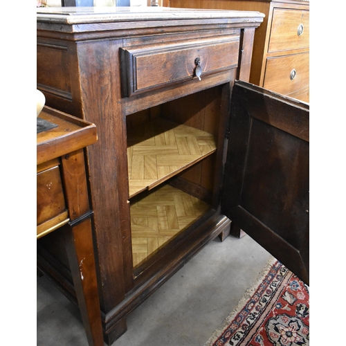 108 - An 18th century Italian walnut side cabinet, with frieze drawer over a mitre framed door, raised on ... 