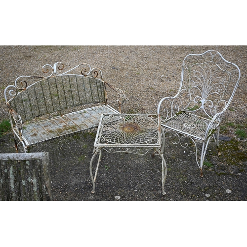 113 - A Victorian style steel orangery armchair and coffee table to/with a steel and wire bench seat, all ... 