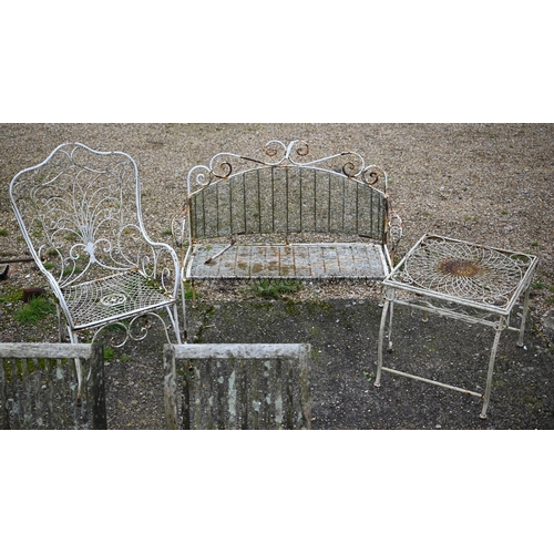 113 - A Victorian style steel orangery armchair and coffee table to/with a steel and wire bench seat, all ... 