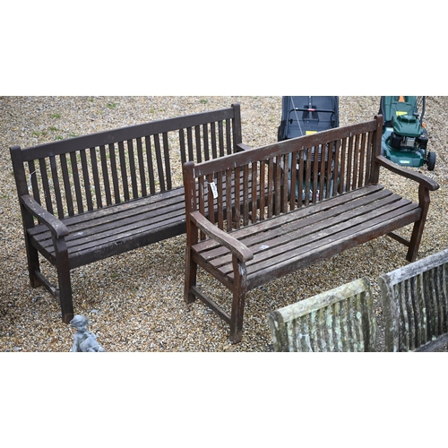 116 - Two weathered stained teak slatted garden benches, sturdy but one a/f (2)