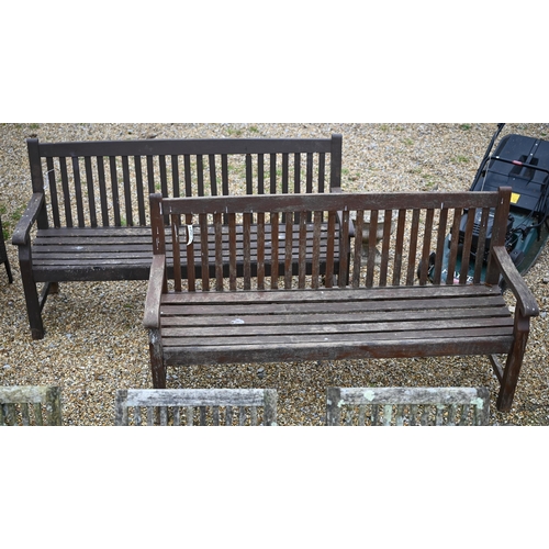 116 - Two weathered stained teak slatted garden benches, sturdy but one a/f (2)