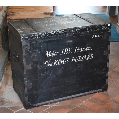 119 - A large early 20th century black painted military campaign trunk with stenciled ownership to 'Major ... 