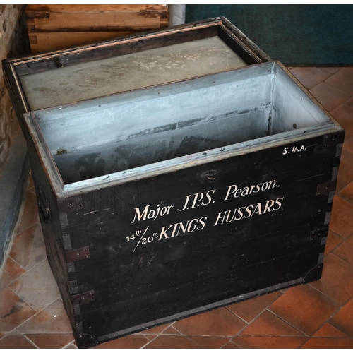 119 - A large early 20th century black painted military campaign trunk with stenciled ownership to 'Major ... 