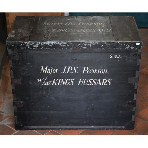 119 - A large early 20th century black painted military campaign trunk with stenciled ownership to 'Major ... 