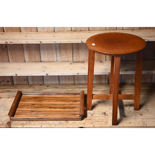 12 - A Gordon Russell rosewood tray, 45 cm x 28 cm  to/with a teak stool, both bear makers plaques to und... 