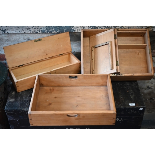 120 - An early 20th century large pine carpenter's tool chest with hinged top enclosing the compartmentali... 