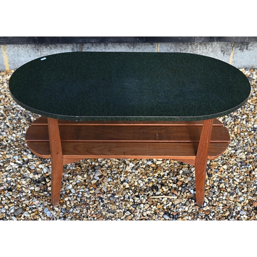 201 - #A beech two-tier oval coffee table with green laminated top, 92 cm wide x 46 cm deep x 54 cm high