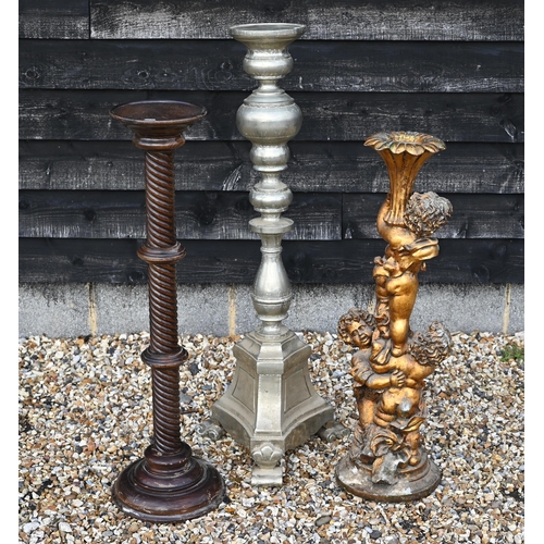 209 - A composite cherub torchere stand to/w two other torchere stands; one spiral turned mahogany and one... 