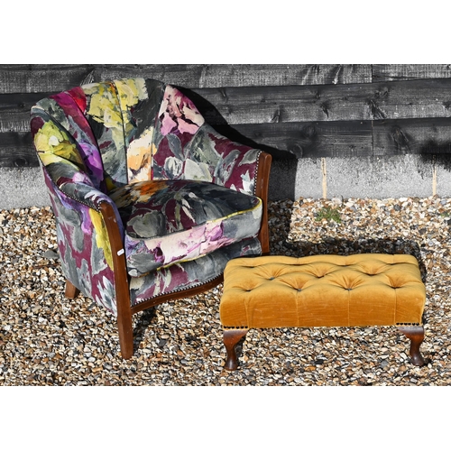 226 - An Edwardian bedroom chair with bright abstract floral fabric upholstery to/w button upholstered oak... 