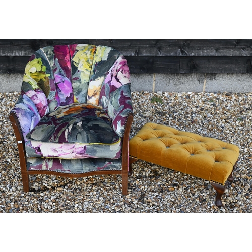 226 - An Edwardian bedroom chair with bright abstract floral fabric upholstery to/w button upholstered oak... 