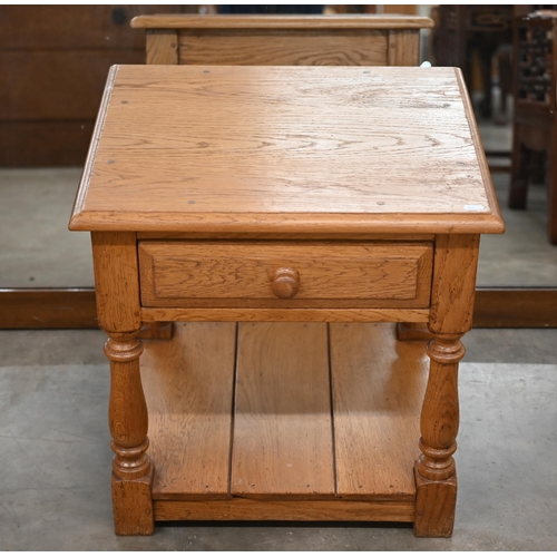 229 - #A light oak bedside/lamp table with drawer on turned supports and open undertier, 54 cm wide x 46 c... 