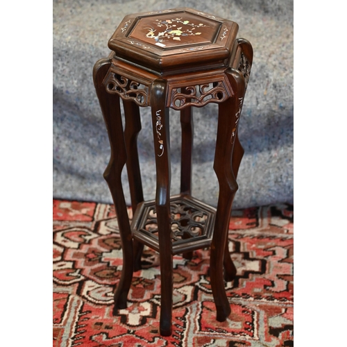 230 - A Chinese hardwood hexagonal jardiniere stand with mother-of-pearl inlaid top, 76 cm high