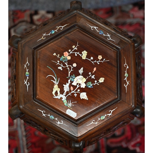 230 - A Chinese hardwood hexagonal jardiniere stand with mother-of-pearl inlaid top, 76 cm high