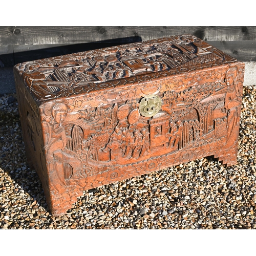 235 - A Chinese carved hardwood and camphor lined coffer/blanket chest with brass clasp, 100 x 50 x 60 cm ... 