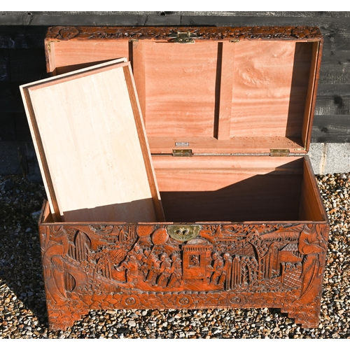 235 - A Chinese carved hardwood and camphor lined coffer/blanket chest with brass clasp, 100 x 50 x 60 cm ... 