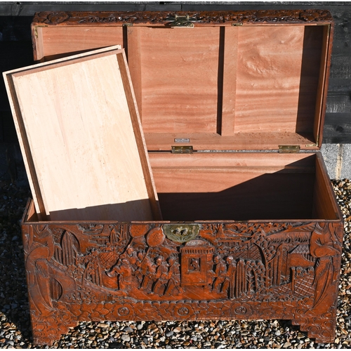 235 - A Chinese carved hardwood and camphor lined coffer/blanket chest with brass clasp, 100 x 50 x 60 cm ... 