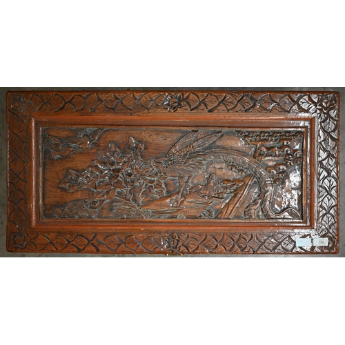 241 - A small Chinese carved hardwood camphor-lined blanket chest/coffer with brass clasp, 86 x 40 x 40 cm