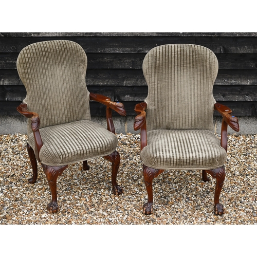 244 - A pair of Georgian style carved mahogany open armchairs with green corded fabric upholstery (2)