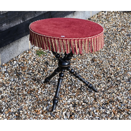 245 - Late 19th/early 20th century circular gypsy table with tooled fabric covered top and ebonised frame,... 