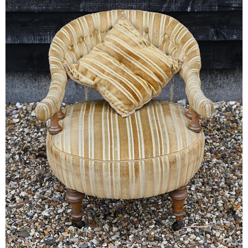 248 - A 19th century horseshoe shaped salon chair with yellow striped upholstery and walnut frame to/w mat... 