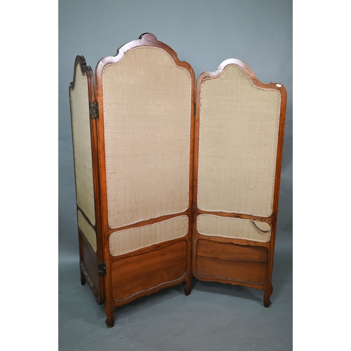 261 - An antique walnut framed three panel folding screen, 154 cm high x 152 cm wideFabric panels damaged... 