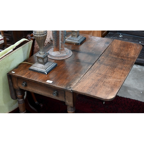 266 - A 19th century mahogany drop-leaf table with end drawer and turned supports