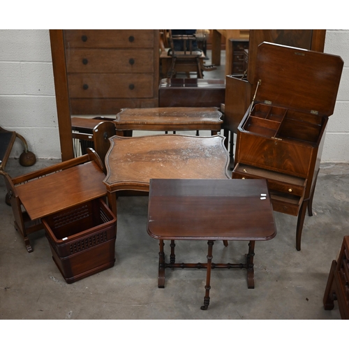 271 - Reproduction mahogany sewing table to/w small coffee table, Sutherland table, magazine rack and wast... 