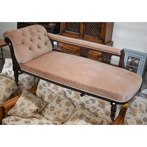 275 - A late Victorian scroll end chaise in buff dralon upholstery, 165 x 60 x 75 cm high