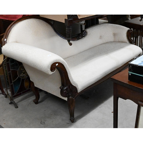 276 - A mahogany framed scroll-end chaise with shaped back, acanthus carved shaped legs, foliate upholster... 