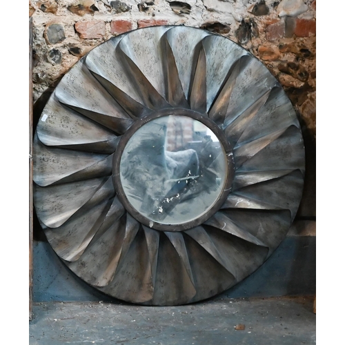 277 - Industrial design circular wall mirror in metal/tole fanned frame, 100 cm diam