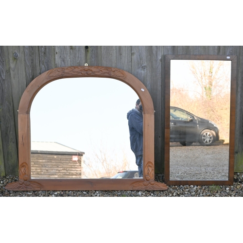 28 - A carved pine framed over mantel mirror, 106 cm x 98 cm to/w a rectangular mahogany framed mirror, 1... 