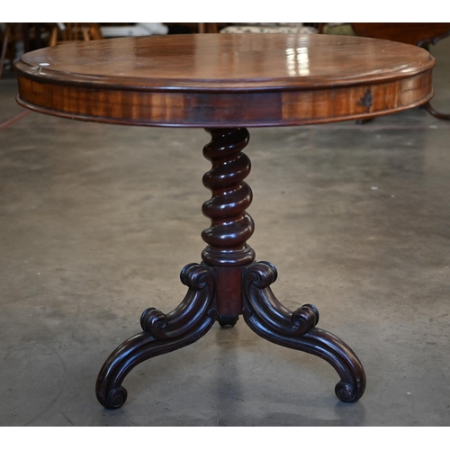 281 - A 19th century mahogany tilt-top table on barley twist column and triform legs, 80 cm diam x 70 cm h... 